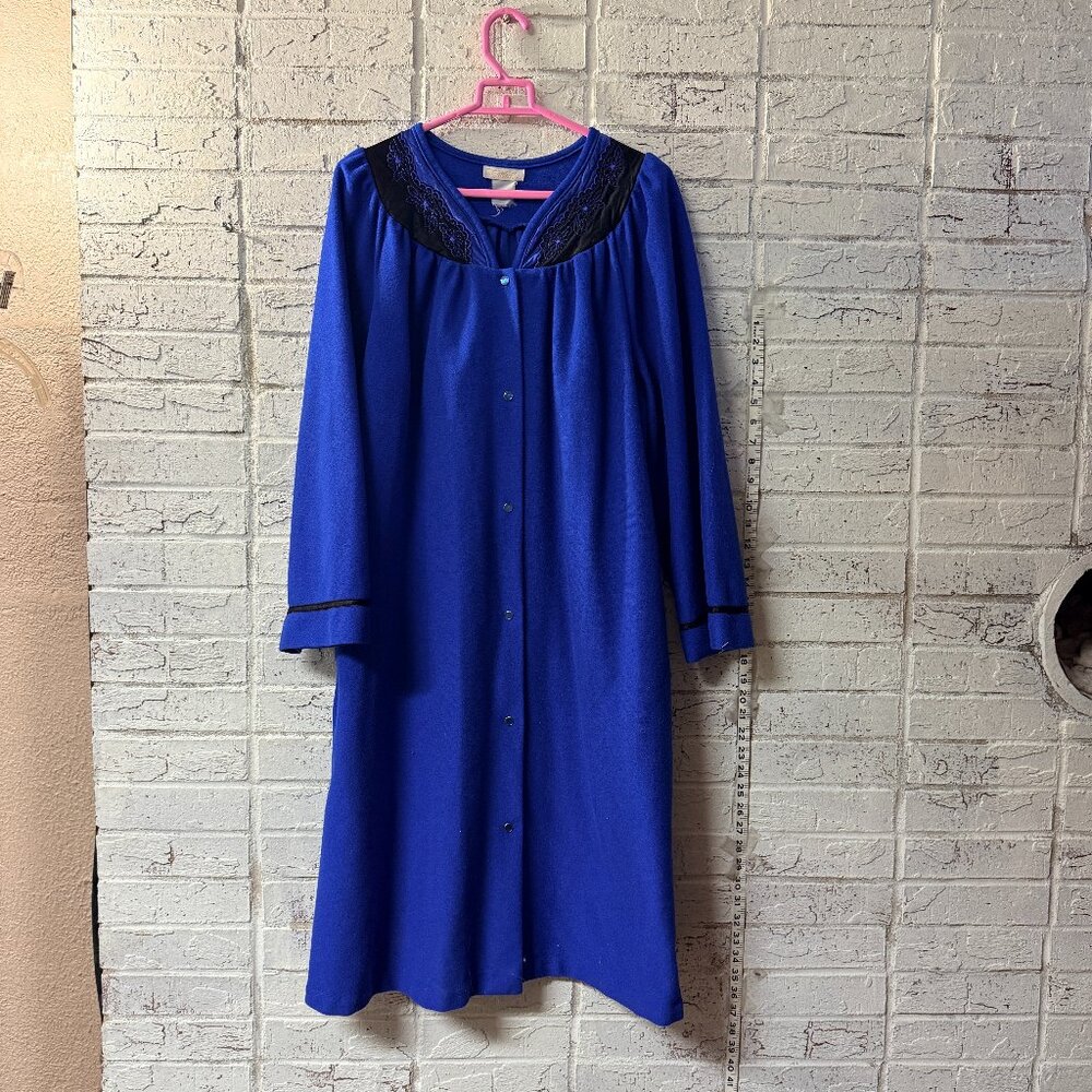 Vintage Cuddle Royal Blue House Dress Snap Front Embroidered Yoke Robe L - Picture 1 of 10